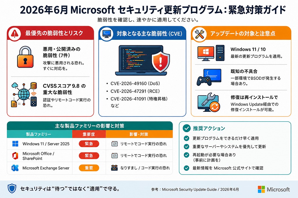 2026年6月のWindows Updateは、修正件数が過去最多の208件に上り、すでに悪用が確認されているゼロデイ脆弱性が7件、操作不要で感染するCVSS 9.8の脆弱性が5件含まれるという、近年稀に見る極めて危険度の高いアップデート内容となっています。