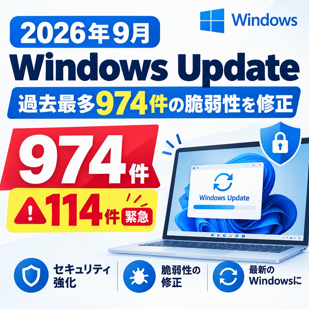 【過去最大の脆弱性974件を修正】WindowsUpdate2026年9月(KB5124008等)の注意点と進まない時の回避策