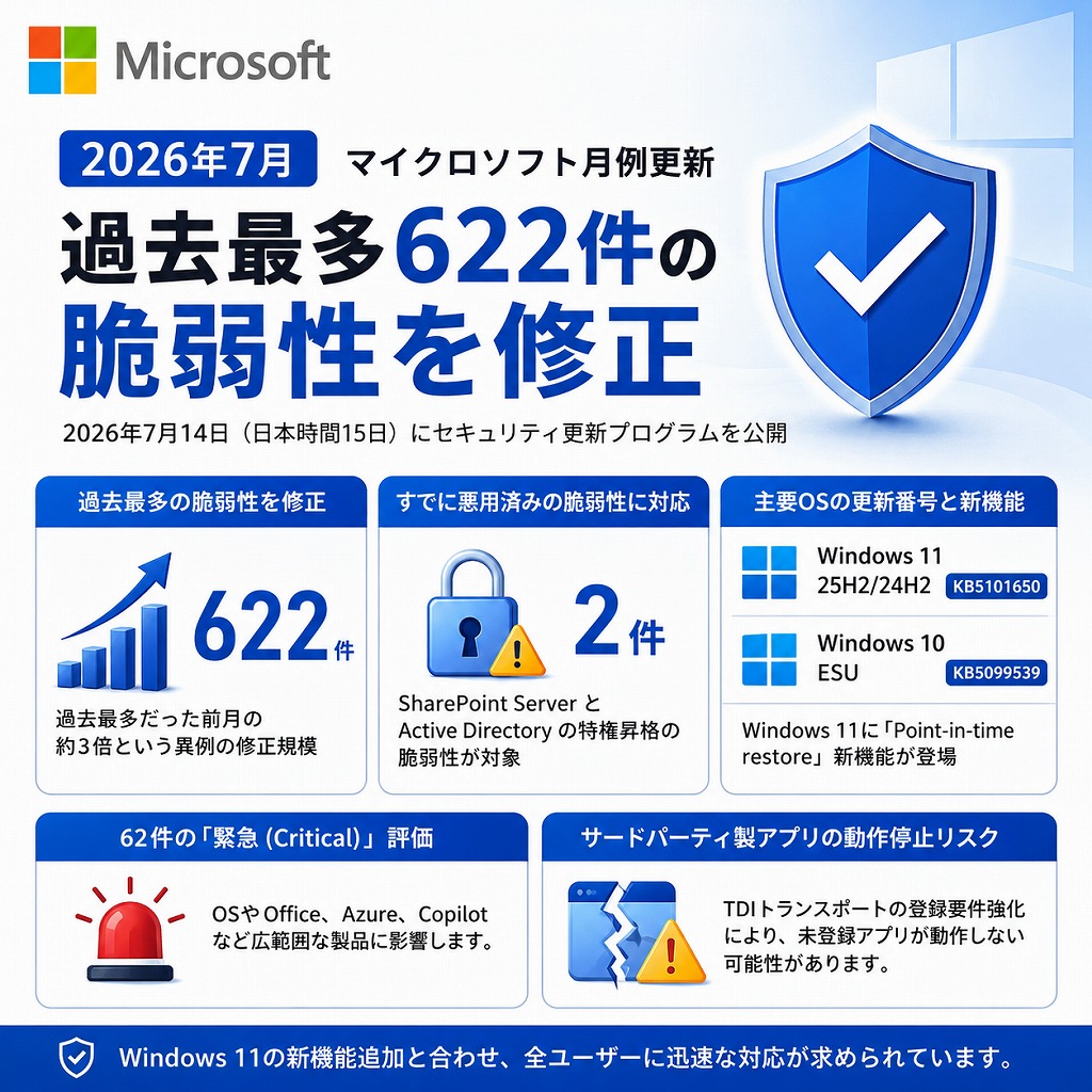 【過去最多622件】2026年7月 Windows Update情報まとめ｜KB5101650等で修正されたゼロデイ脆弱性と新機能・バグ修正を徹底解説