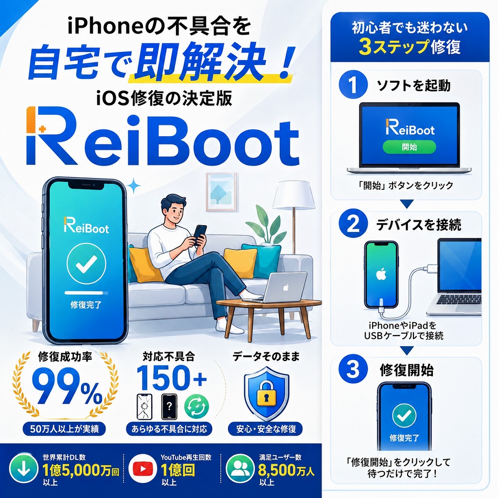 【iOS 27/iPadOS 27】アップデート後の不具合・リンゴループをデータを消さずに修復＆安全にダウングレードする方法【ReiBootレビュー】