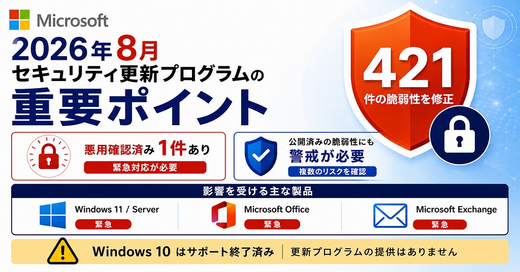 2026年8月の更新プログラムは、修正件数の多さ、そして影響範囲の広さから、すべてのWindowsユーザーおよびシステム管理者にとって「可能な限り早期のパッチ適用」が不可欠なアップデートです。