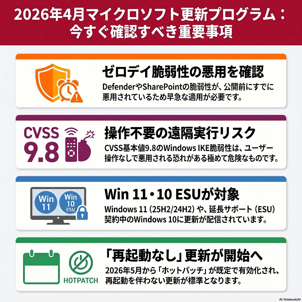 【緊急】2026年4月 Windows Update情報まとめ｜KB5083769等の更新内容と、悪用済みゼロデイ脆弱性への対応