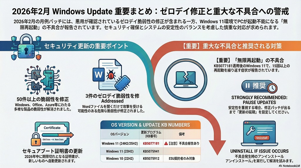 【重要】2026年2月 Windows Update情報まとめ｜ゼロデイ脆弱性の修正と既知の不具合