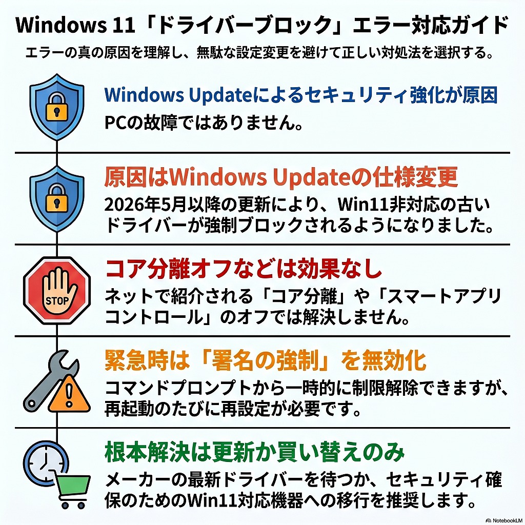 【Windows11】「このドライバーはブロックされました」エラーの原因と解決策（ドライバーポリシーに合格しません。）