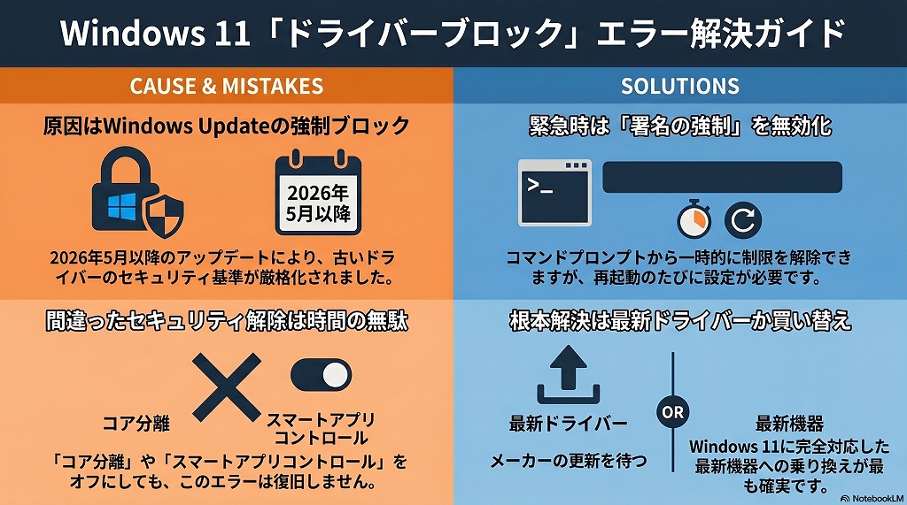 「このドライバーはブロックされました」というエラーは、Windows側がPCを脅威から守るための仕様変更によるものです。